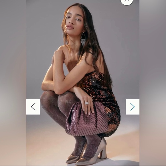 Anthropologie Strapless Sequin Mini Dress in Rose Gold, Black, & Rust Streak I 4 - Picture 4 of 10